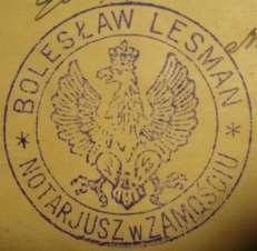 Odcisk pieczęci urzędowej notariusza Bolesława Lesmiana. Pieczęć 3 Rok. 1922, 9 czerwca. Odcisk pieczęci urzędowej notariusza Bolesława Lesmiana. Podpis 1 Rok 1919, 30 maja.