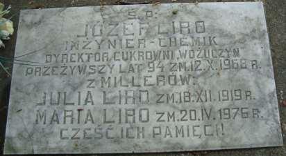 64 5.297. Liro Józef, 1874-1968, dyrektor cukrowni Wożuczyn Urodził się w 1874 roku. Inżynier chemik. Dyrektor cukrowni Wożuczyn. Nagrobek 7 Rok 2013, 31 maja.