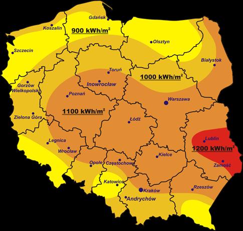 źródło: cire.pl Rysunek 15. Mapa nasłonecznienia Polski. Gmina Zator zlokalizowana jest w strefie gdzie średnioroczna suma promieniowania słonecznego wynosi 1000 kwh/m 2.