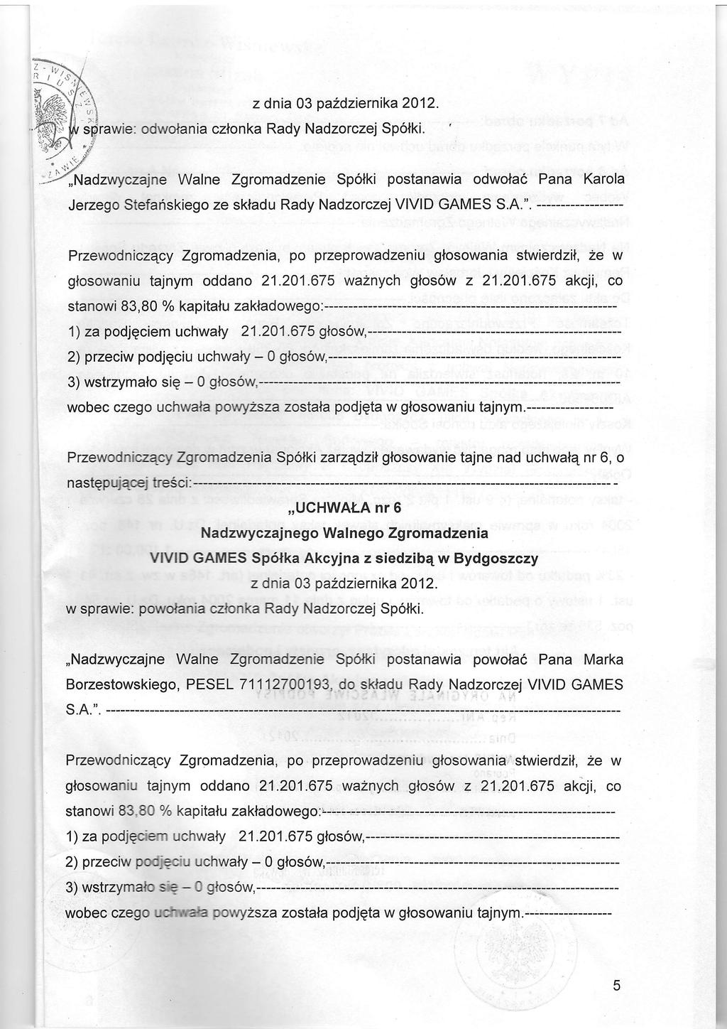 z dnia 03 pa2dziernika2012. awie: odwolania czlonka Rady Nadzorczej Spolki. rjs.{l.z' '!l,./!