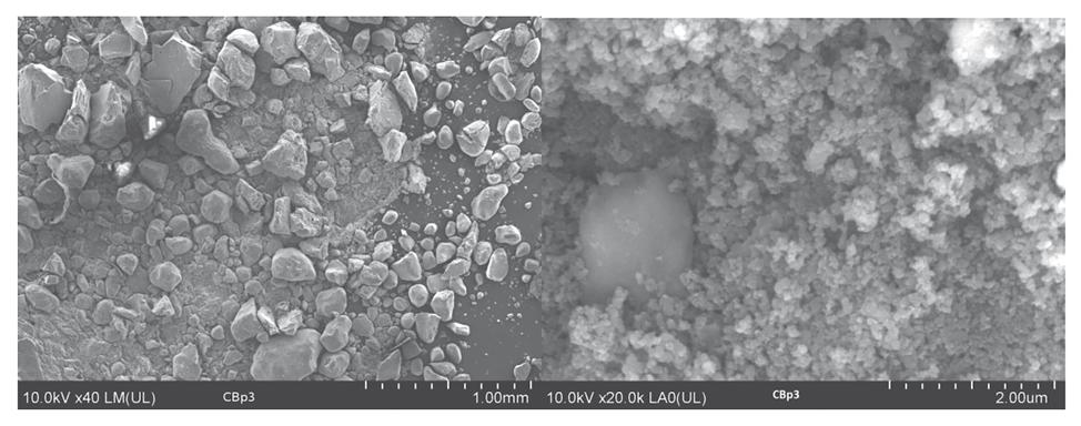 291 Rys. 6. Zdjęcia SEM próby sadzy popirolitycznej CBp3 w powiększeniu 40 i 20000 Fig. 6. SEM photos of CBp3 pyrolytic carbon black sample at a magnification of 40 and 20,000 Rys. 7.