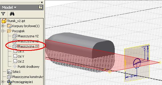 Rysowanie osi drugiej rury tłumika Oś ta powinna rozpoczynać się ze środka okręgu. Przechodzimy do Szkicu 2D wskazując jako płaszczyznę szkicu Płaszczyznę XY w Przeglądarce, rys. 20.