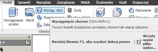 W oknie dialogowym Wyciągnięcie złoŝone na zakładce Krzywizny, w oknie Przekroje klikamy napis Kliknij, aby dodać, dalej klikamy krawędź (okrąg) końca rury i następnie zarys (krawędź) tłumika, rys.