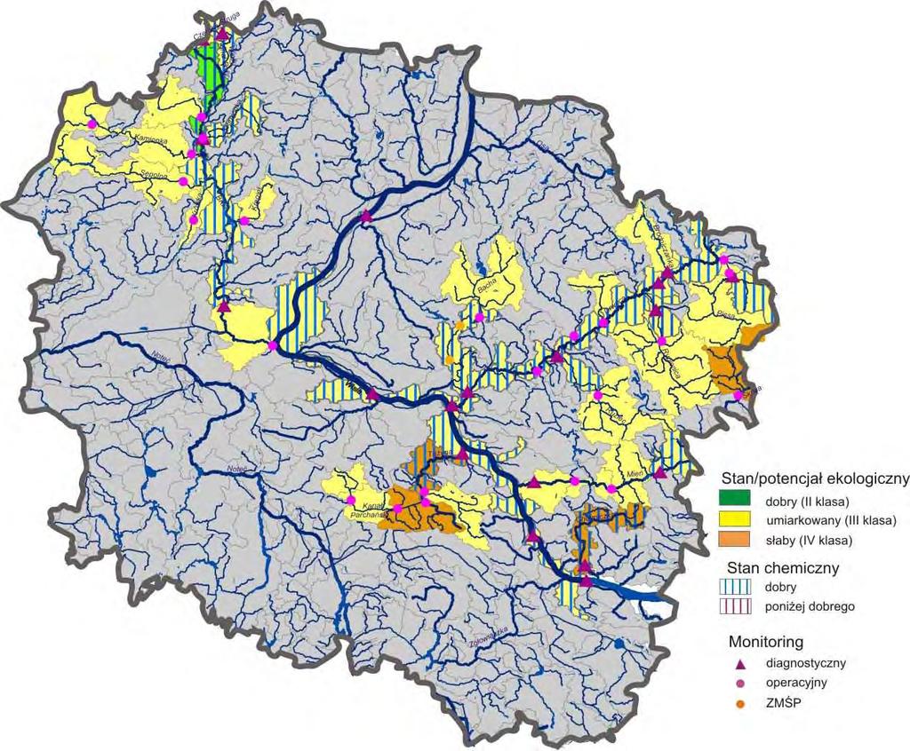 Badania stanu chemicznego wód obejmowały 20 ppk rzek: Wisła 4 ppk, Drwęca, Brda, Mień po 2 ppk oraz po 1 ppk na Brynicy, Brodniczance, Rypienicy, Ruźcu, Bacha, Czerskiej Strudze, Wielkim Kanale Brdy,