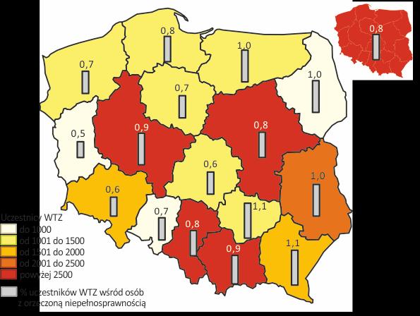 ośrodków pomocy społecznej lub domów pomocy społecznej. Mapa 7. Uczestnicy warsztatów terapii zajęciowej w 2016 r.