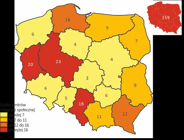 Mapa 1. Rozmieszczenie centrów integracji społecznej w 2016 r. według województw Mapa 2. Uczestnicy zajęć w centrach integracji społecznej w 2016 r.