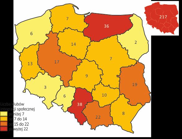 Mapa 3. Rozmieszczenie klubów integracji społecznej według województw w 2016 r. W 2016 r. średnio na jedno województwo przypadało blisko 14 klubów integracji społecznej.