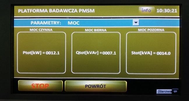Prezentowana jest moc czynna pobierana przez platformę badawczą, moc bierna jaką platforma obciąża sieć zasilającą i moc pozorna. Fot. 17. Współczynnik mocy zasilania platformy Na Fot.