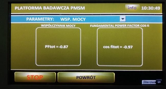 Parametry mocy pobieranej przez platformę badawczą z sieci zasilającej Na Fot. 17 pokazano okno wizualizacji wyświetlające aktualne współczynniki mocy zasilania platformy.
