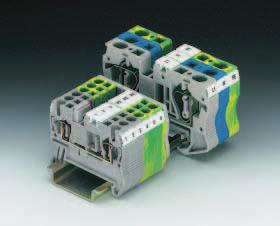 The ground terminal blocks with the same shape as the feed-through terminal blocks make contact via simple snapping on the mounting rail and thus take over the ground conductor function.