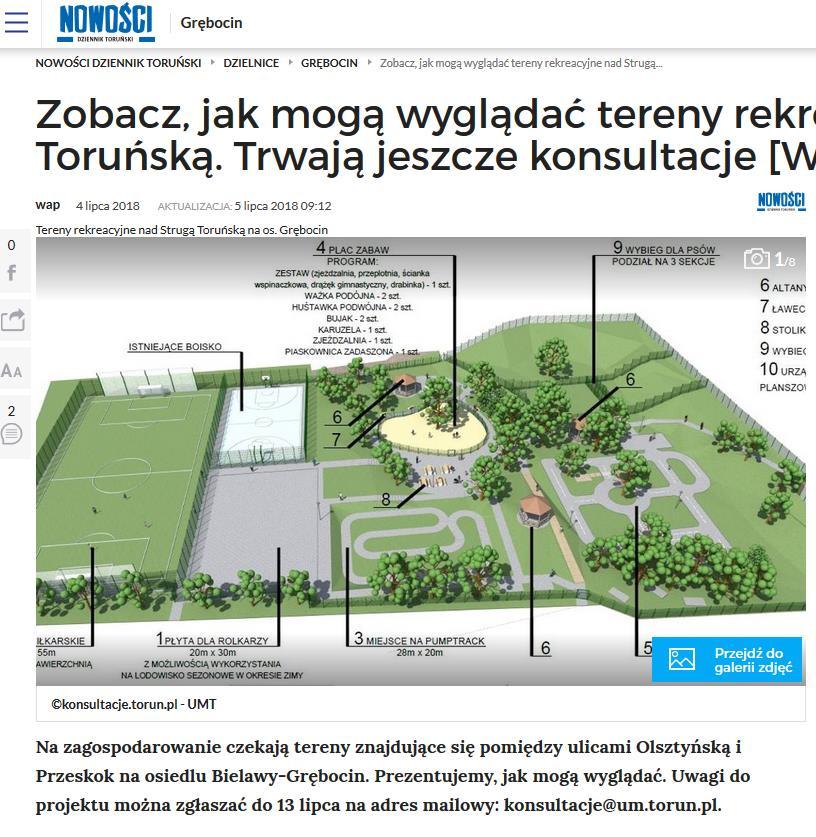 Artykuł w Gazecie NOWOŚCI, 4 lipca 2018 Cały tekst: Na zagospodarowanie czekają tereny znajdujące się pomiędzy ulicami Olsztyńską i Przeskok na osiedlu Bielawy-Grębocin.