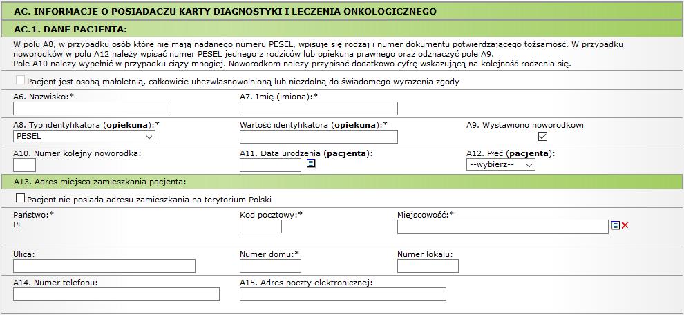 Rysunek 5 Przykładowe okno Danych osobowych pacjenta - noworodek AC.2.