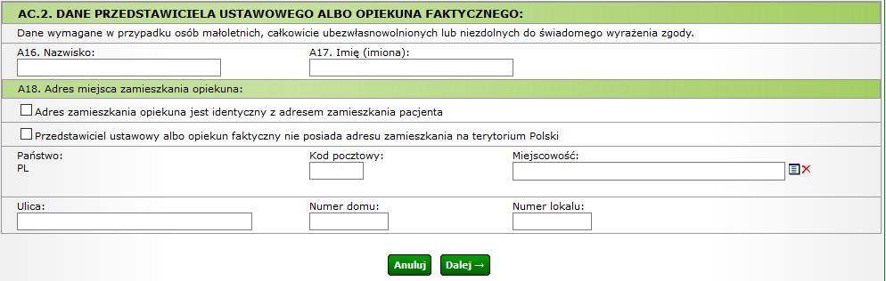 samodzielnego udzielenia zgody. Wymagane jest uzupełnienie pól: Imię, Nazwisko oraz sekcji zawierającej dane adresowe przedstawiciela.