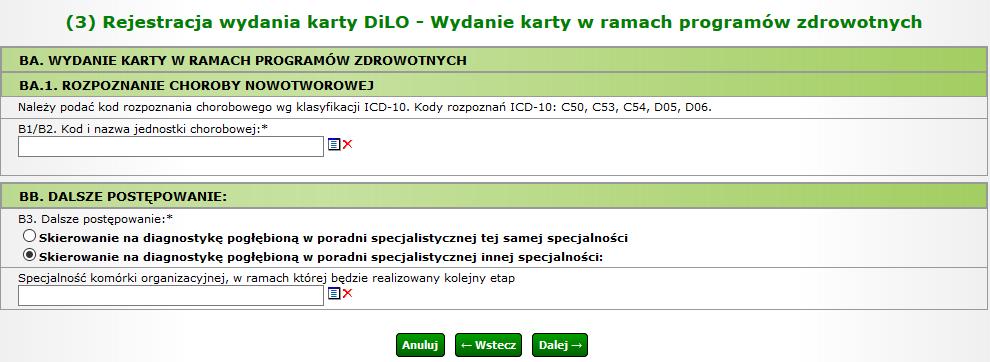 Rysunek 7 Przykładowe okno rejestracji wydania karty DiLO Wydanie karty w ramach programów zdrowotnych Uzupełnienie kodu jednostki chorobowej wykonuje się, korzystając ze słownika pozycji.
