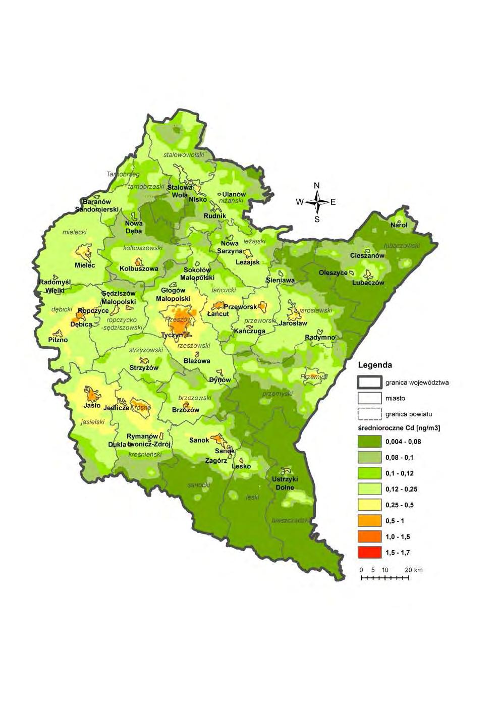 Stężenia średnioroczne kadmu w pyle PM10 w 2013 r. Nie stwierdzono przekroczeń ustalonej dla kadmu wartości docelowej (5 ng/m 3 ).