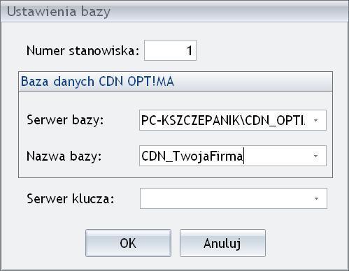 Nazwę bazy nazwę bazy firmowej Comarch OPT!MA. Serwer klucza - nazwę serwera MS SQL znajdującego się na stanowisku, do którego podpięty jest klucz HASP zawierający licencje.