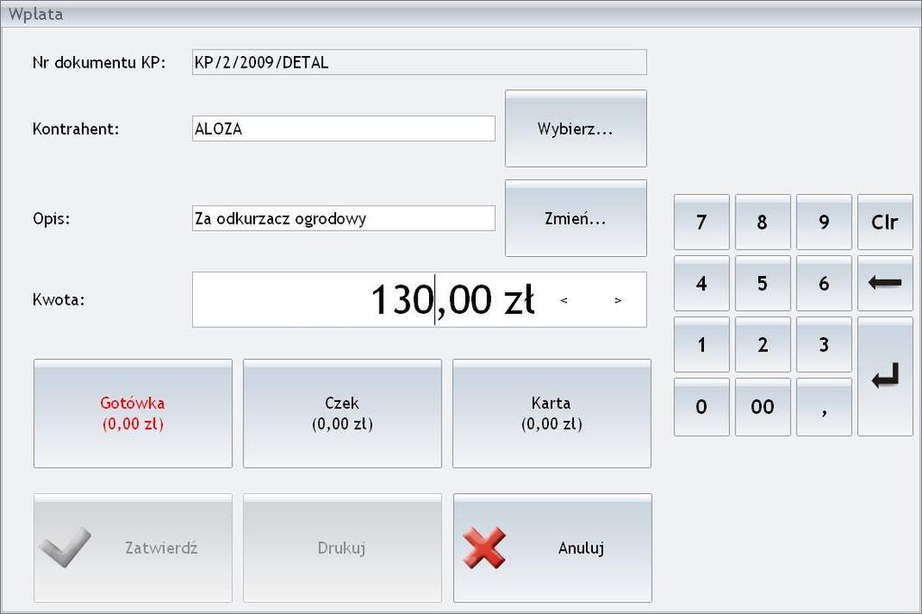 Podręcznik Użytkownika systemu Comarch OPT!MA Str. 55 Rys. Okno Wpłaty (KP).