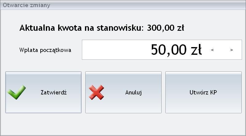Str. 58 Moduł Detal v. 2012.5.1 Rys. Otwarcie zmiany. W oknie wyświetlana jest aktualna kwota na stanowisku (jest to kwota przeniesienia z poprzednio zamkniętej zmiany).