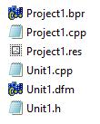 Struktura plików z domyślną nazwą wygląda następująco: Rysunek. Struktura projektu aplikacji. Plik Project1.bpr to główny plik projektu.