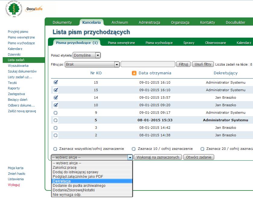 Rysunek 15 Masowa dekretacja pisma Dokument UR