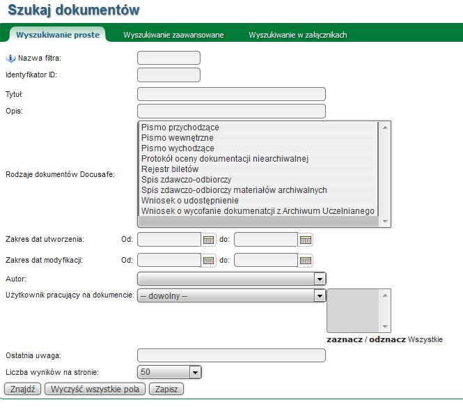 Rysunek 16 Wyszukiwanie proste Wyszukiwanie proste (Zwykły dokument) może odbywać się ze względu na następujące kryteria: Identyfikator ID numer identyfikacyjny poszukiwanego pisma przydzielany przez