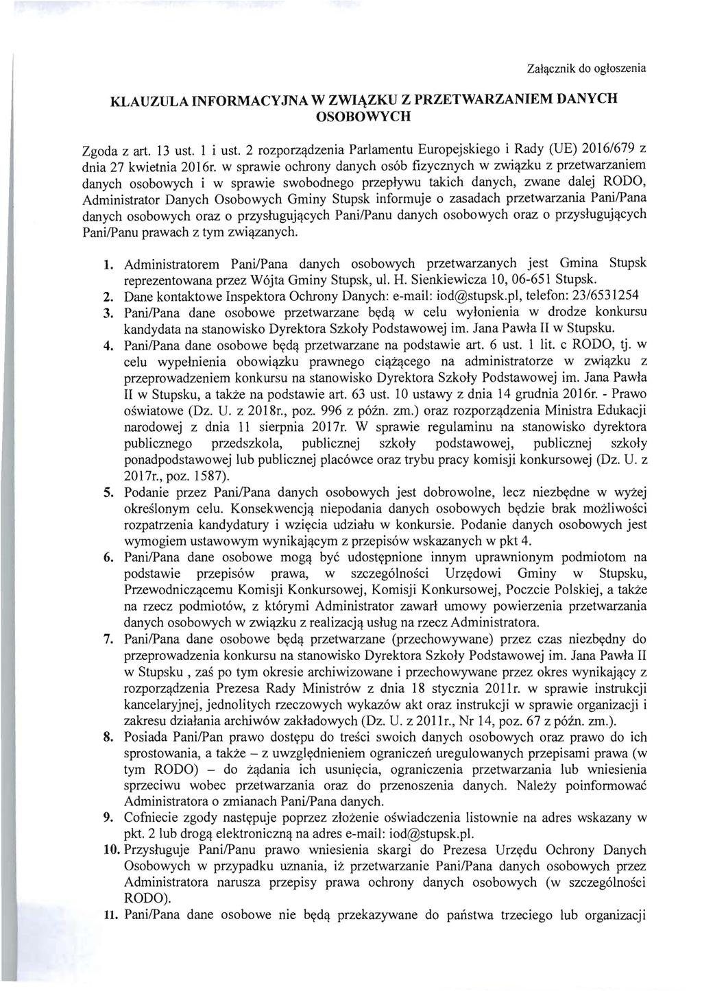 Zal~cznik do ogloszenia KLAUZULA INFORMACYJNA W ZWli\ZKU Z PRZETWARZANIEM DANYCH OSOBOWYCH Zgoda z art. 13 ust. 1 i ust.