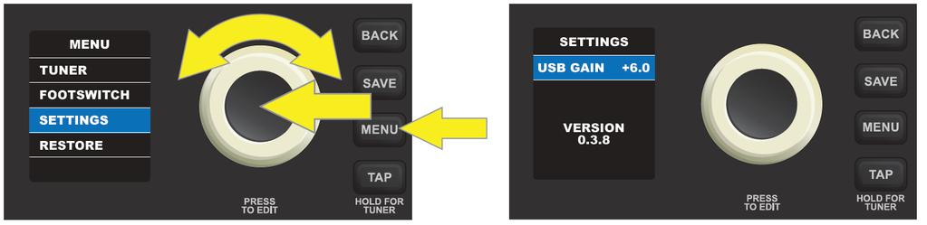 FUNKCJE MENU: USTAWIENIA Trzecia funkcja menu SETTINGS (ustawienia) pokazuje aktualną wersję firmware (oprogramowania układowego) i umożliwia regulację wyjściowej głośności nagrywania za pomocą portu