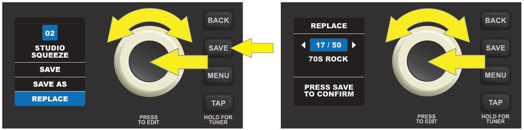 REPLACE (ZAMIEŃ): Dowolny preset można zastąpić innym za pomocą przycisku funkcji SAVE, następnie uruchamiając pokrętłem polecenie REPLACE i wybierając jeden z 50 zamiennych presetów podanych na str.