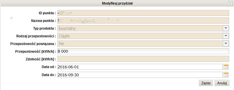 Pojawi się okno modyfikacji przydziału: ZUP: Zapisuje zmiany w wybranym przydziale: Edycja wniosku o PP/PZ / Modyfikuj przydział /[ przycisk Zapisz ] ZUP: