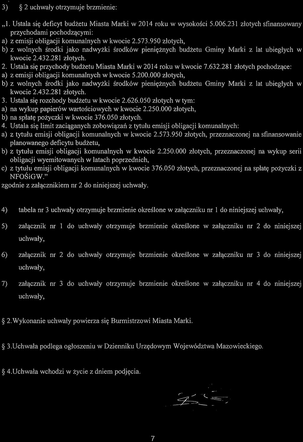 950 zlotych, b) z wolnych srodki jako nadwyzki srodkow pienieznych budzetu Gminy Marki z lat ubieglych w kwocie 2.432.281 zlotych. 2. Ustala sie przychody budzetu Miasta Marki w 2014 roku w kwocie 7.