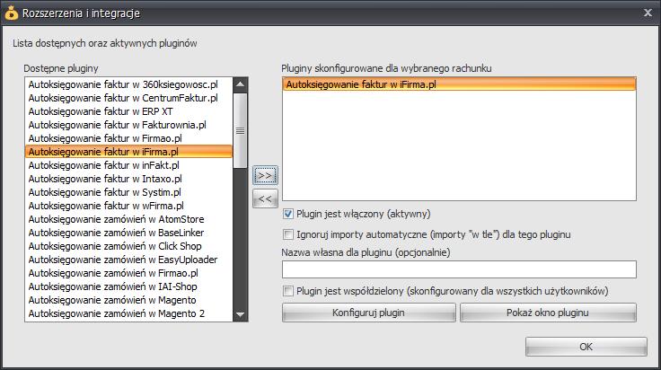 5. Naciśnij przycisk >>, aby aktywować plugin Autoksięgowanie faktur w ifirma.