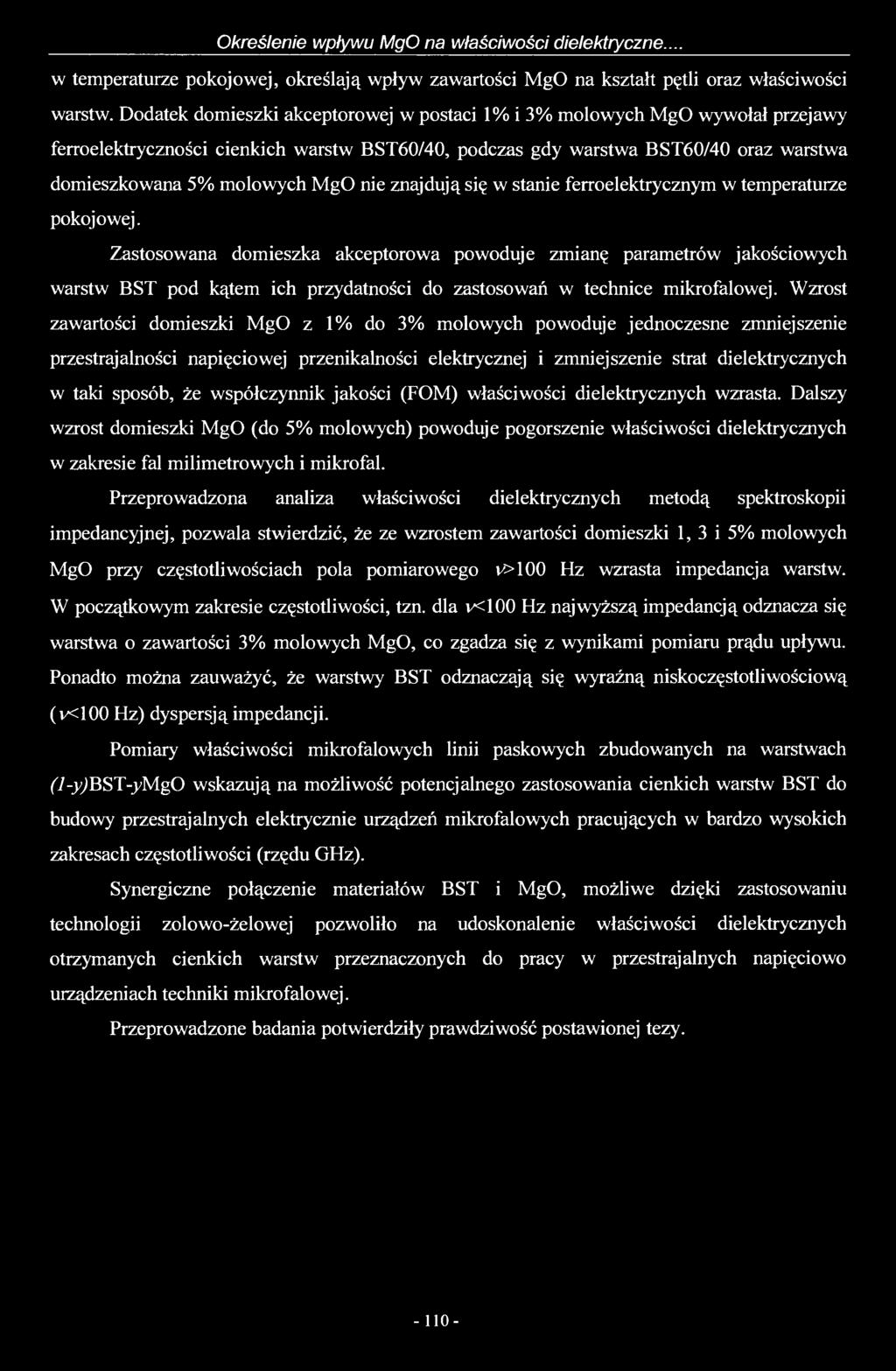 Określenie wpływu MgO na właściwości dielektryczne... w temperaturze pokojowej, określają wpływ zawartości MgO na kształt pętli oraz właściwości warstw.