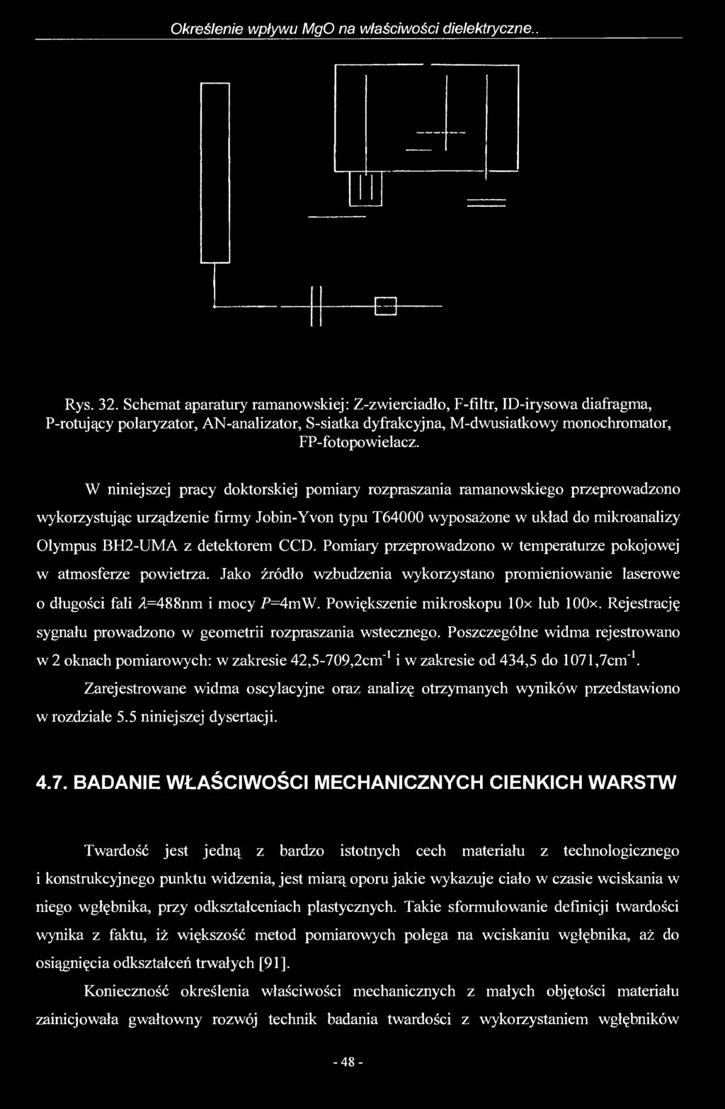 W niniejszej pracy doktorskiej pomiary rozpraszania ramanowskiego przeprowadzono wykorzystując urządzenie firmy Jobin-Yvon typu T64000 wyposażone w układ do mikroanalizy Olympus BH2-UMA z detektorem