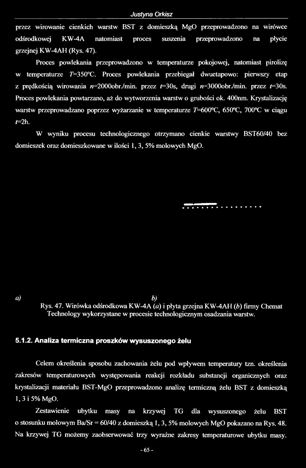 przez /=30s, drugi «=3000obr./min. przez t=30s. Proces powlekania powtarzano, aż do wytworzenia warstw o grubości ok. 400nm.