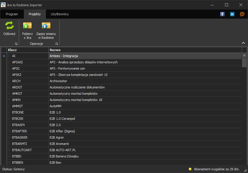 4. Interfejs programu 4.1 Okno główne Okno główne programu Jira to Redmine Importer składa się z 5 części. 4.1.1 Menu Program Rysunek 25 Menu Program daje dostęp do podstawowych funkcji oprogramowania.