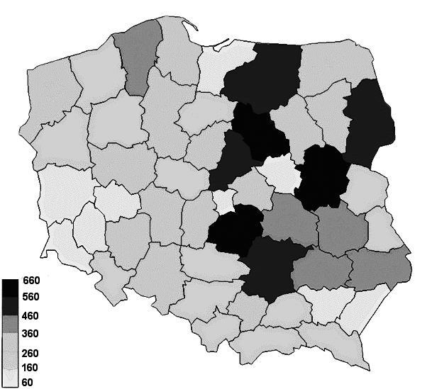 Rys.. Liczba pól objętych badaniami ankietowymi, na których, w latach 98 uprawiano ziemniaki; podział Polski według starego podziału administracyjnego (9 województw) Fig.