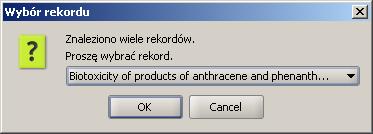 Aplikacja Redaktora Jeżeli wybrany plik do importu zawiera więcej niż jeden rekord MARC, system poprosi o wybór jednego z nich (Rysunek 3.6.). Rysunek 3.6. Okno wyboru rekordu MARC. 3.1.5.4.
