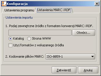 Aplikacja Redaktora Rysunek 3.34. Konfiguracja - zakładka Ustawienia MARC i RDF 1. Dotyczy konfiguracji obydwu formatów (MARC i RDF).