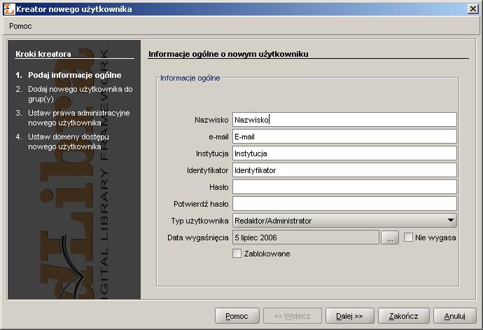 Zarządzanie biblioteką 4.2.4. Zarządzanie użytkownikami i grupami 4.2.4.1. Zarządzanie użytkownikami biblioteki Aby utworzyć nowego użytkownika biblioteki: 1.