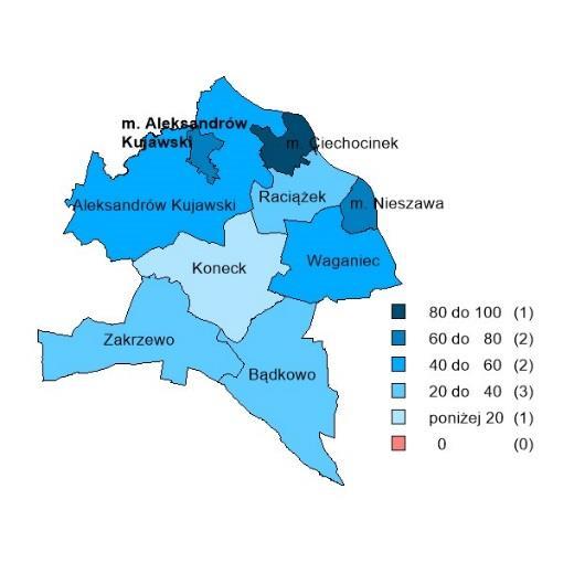 ] 117 116 (100,9%) Udział ludności wiejskiej w ogólnej liczbie ludności [%] 55,2 40,5 (136,3%) Dochody własne budżetów gmin na 1 mieszkańca w powiecie [zł] 1 584,92 1 632,21 (97,1%) Ludność w % ogółu