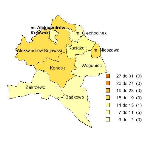 [osoby] c) Udział obszarów chronionych w powierzchni ogółem [%] 20,5 31,8 (64,5%) Drogi gminne i powiatowe o nawierzchni twardej na 100 km 2 [km] 118,7 81,8 (145,1%) Długość ścieżek rowerowych na 10