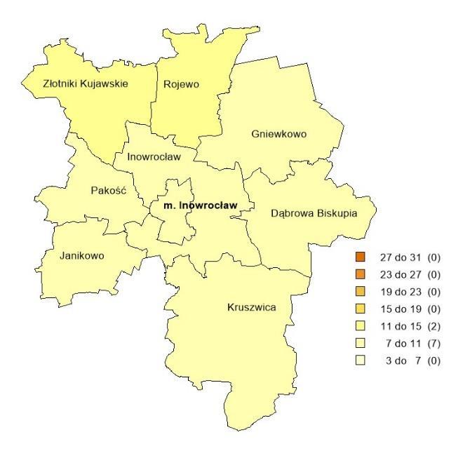 [osoby] c) Udział obszarów chronionych w powierzchni ogółem [%] 10,5 31,8 (33,0%) Drogi gminne i powiatowe o nawierzchni twardej na 100 km 2 [km] 78,9 81,8 (96,5%) Długość ścieżek rowerowych na 10