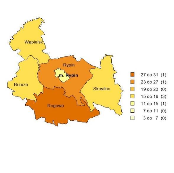 ] 75 116 (64,7%) Udział ludności wiejskiej w ogólnej liczbie ludności [%] 62,8 40,5 (155,1%) Dochody własne budżetów gmin na 1 mieszkańca w powiecie [zł] 1 355,44 1 632,21 (83,0%) Ludność w % ogółu