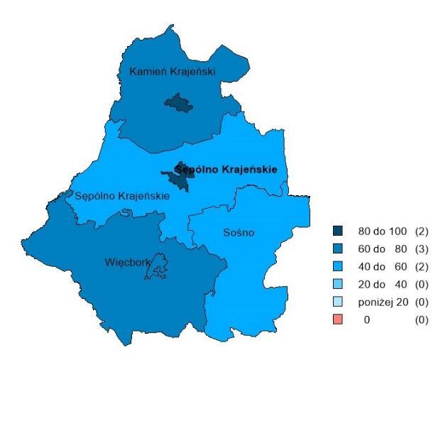 ] 52 116 (44,8%) Udział ludności wiejskiej w ogólnej liczbie ludności [%] 57,4 40,5 (141,7%) Dochody własne budżetów gmin na 1 mieszkańca w powiecie [zł] 1 291,12 1 632,21 (79,1%) Ludność w % ogółu