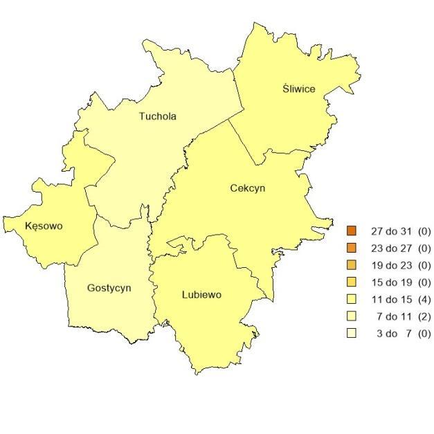 ] 45 116 (38,8%) Udział ludności wiejskiej w ogólnej liczbie ludności [%] 71,5 40,5 (176,5%) Dochody własne budżetów gmin na 1 mieszkańca w powiecie [zł] 1 300,69 1 632,21 (79,7%) Ludność w % ogółu