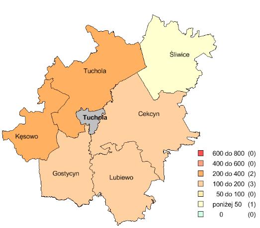 [osoby] c) Udział obszarów chronionych w powierzchni ogółem [%] 64,9 31,8 (204,1%) Drogi gminne i powiatowe o nawierzchni twardej na 100 km 2 [km] 55,6 81,8 (68,0%) Długość ścieżek rowerowych na 10