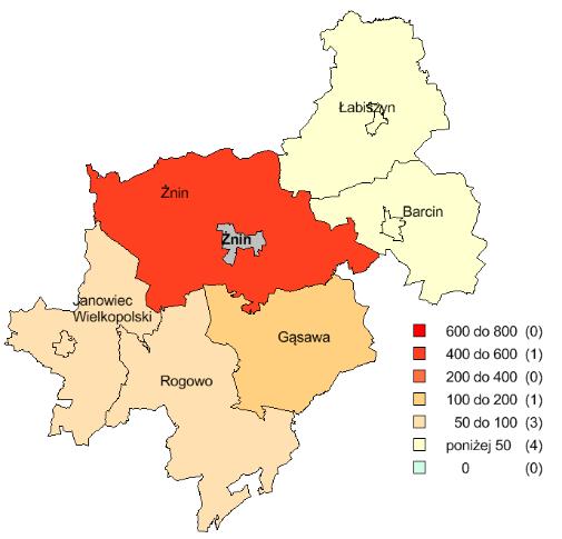 [osoby] c) Udział obszarów chronionych w powierzchni ogółem [%] 10,5 31,8 (33,0%) Drogi gminne i powiatowe o nawierzchni twardej na 100 km 2 [km] 89,8 81,8 (109,8%) Długość ścieżek rowerowych na 10