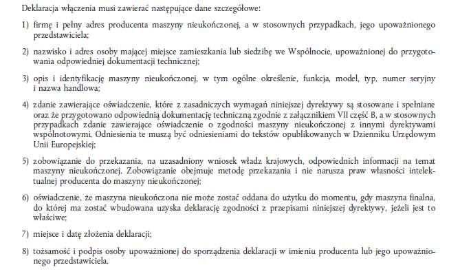 Deklaracja włączenia maszyny nieukończonej Maszyny nieukończone Deklaracja