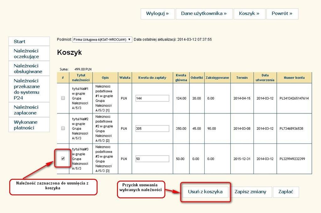 Po usunięciu należności pojawia się właściwa informacja oraz raport należności pozostających w