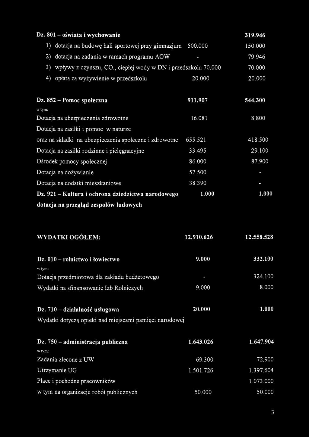 800 Dotacja na zasiłki i pomoc w naturze oraz na składki na ubezpieczenia społeczne i zdrowotne 655.521 418.500 Dotacja na zasiłki rodzinne i pielęgnacyjne 33.495 29.100 Ośrodek pomocy społecznej 86.
